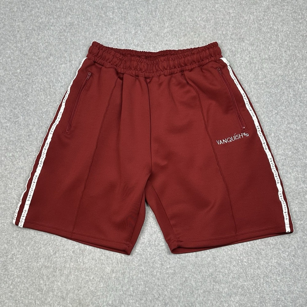 Vanquish VQ Fitness Gym Shorts Mens L Red 7" Side Stripes Zipper Pockets Stretch
